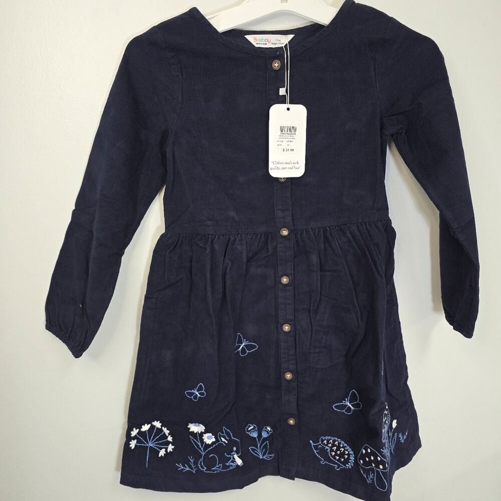 Beebay Girls Navy Corduroy Embroidered Button Front Dress 7 Years NWT